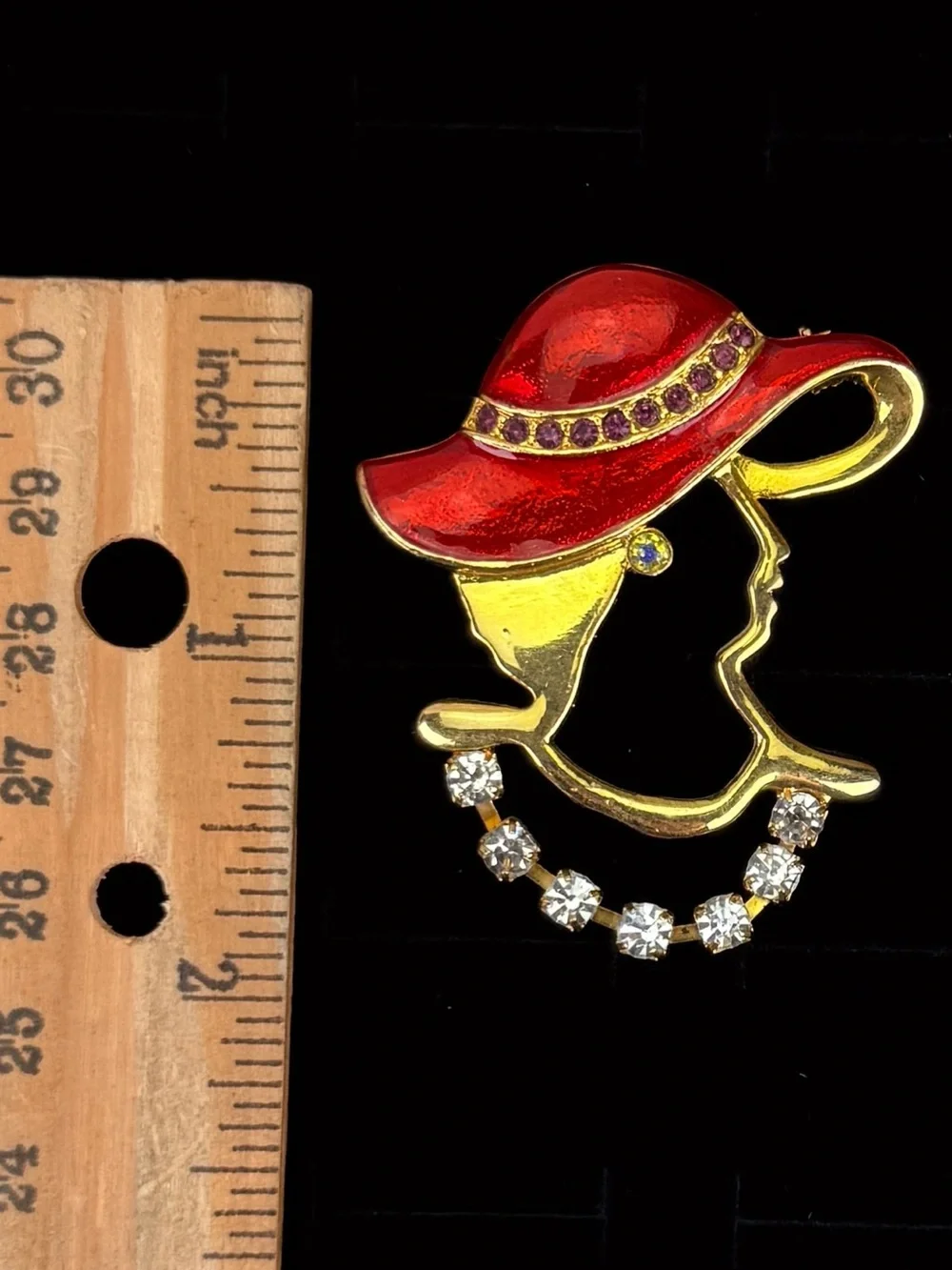 Vintage Lady Profile Red Hat Brooch Gold Tone Clear Purple Accent Statement Pin